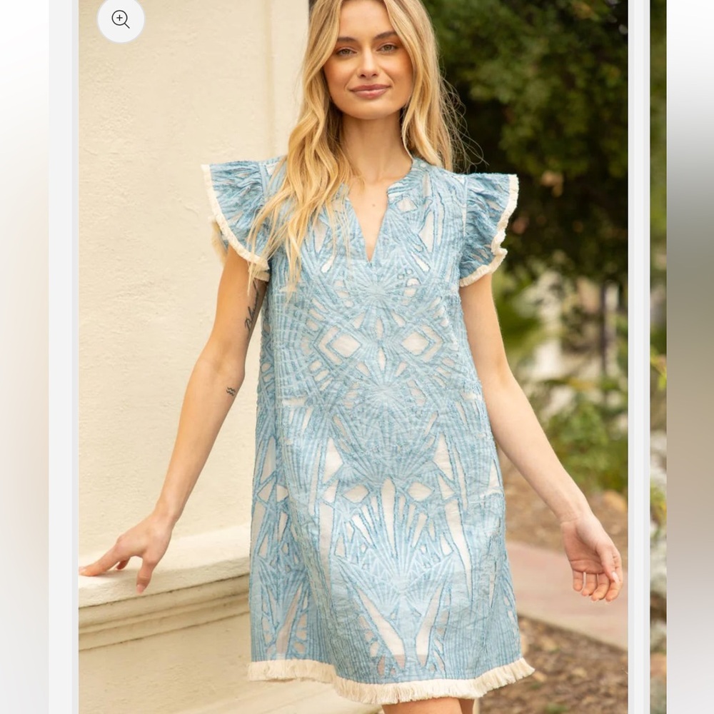 Light Blue Embroidered Flutter-Sleeve Dress